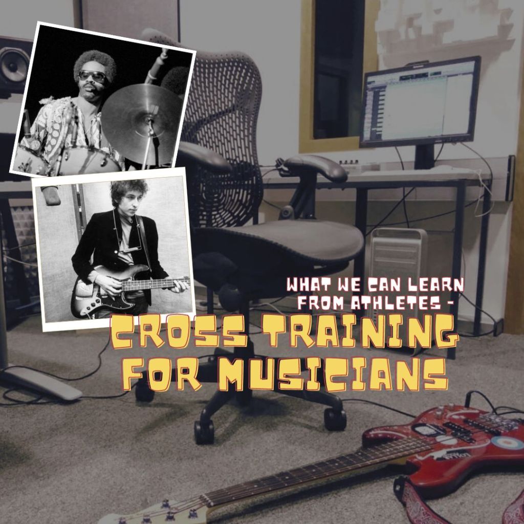 A Recording studio with a red bass guitar lying on the ground with text reading What can we learn from Athletes - Cross training for musicians. Additional black and white photographs feature Bob Dylan recording bass guitar and Stevie Wonder playing live drums.